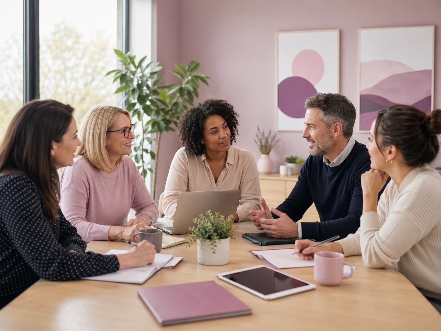 A team discussing support resources in a meeting room